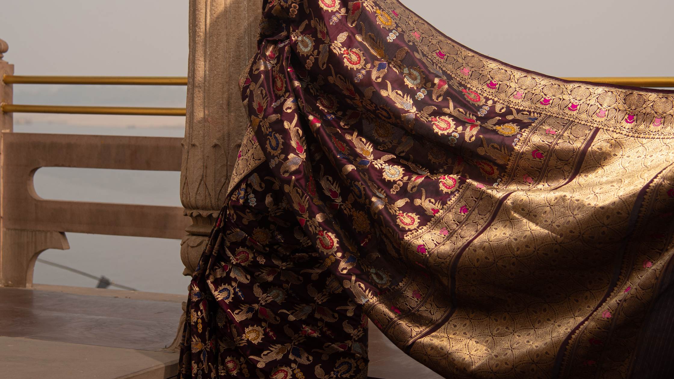 Wine Meenakari Katan Silk Handloom Banarasi Saree 