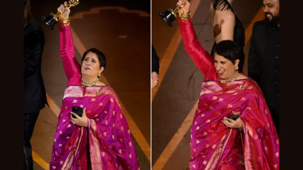 Guneet Monga in a Pink Banarasi Saree at The Oscars