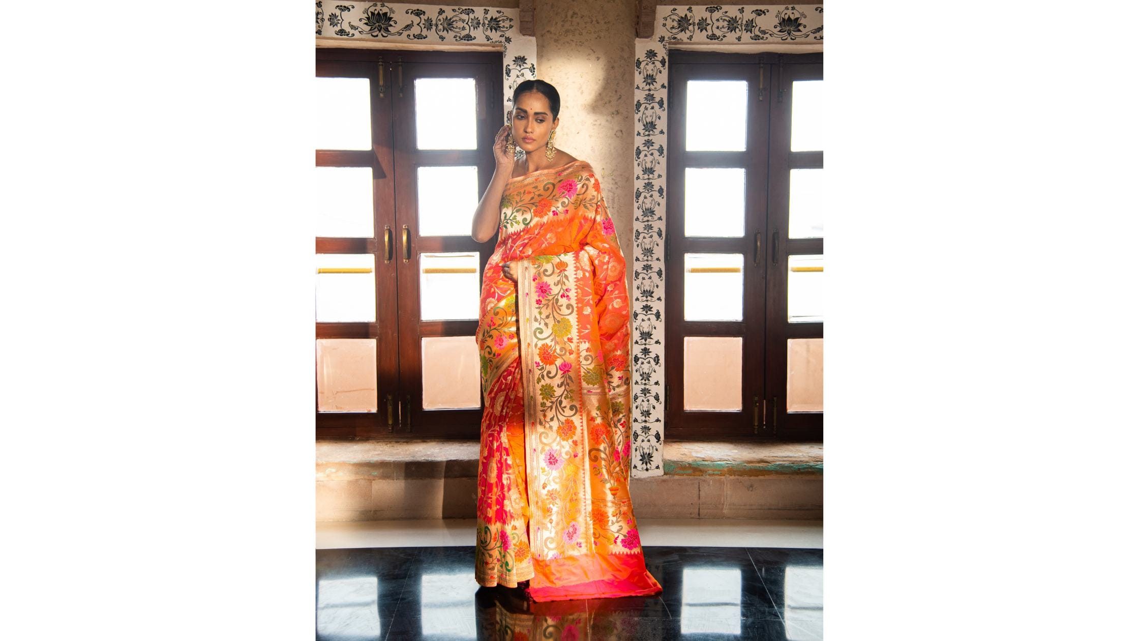 Orange Pink Paithani Katan Silk Handloom Banarasi Saree
