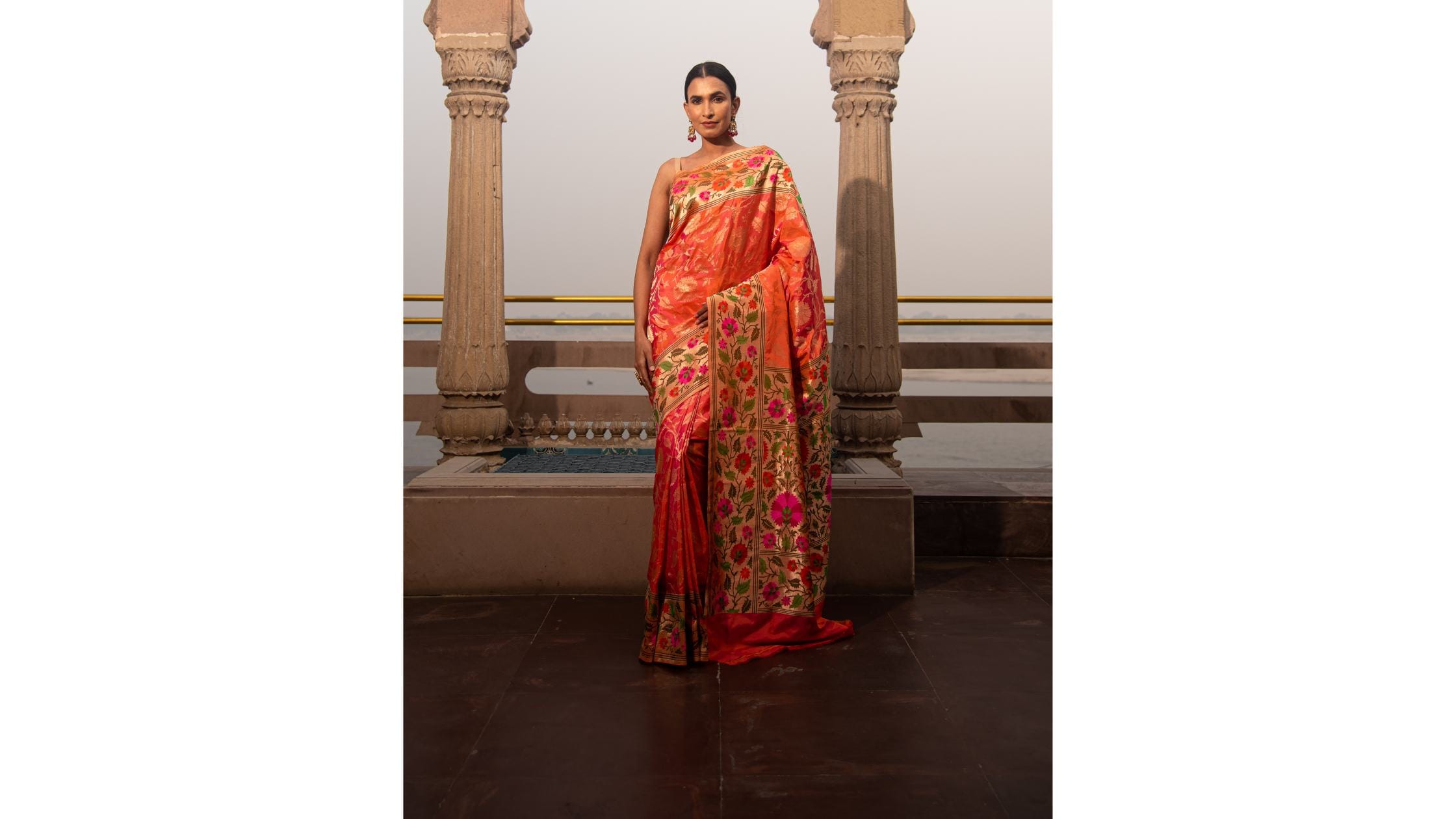 Orange Pink Paithani Katan Silk Handloom Banarasi Saree 