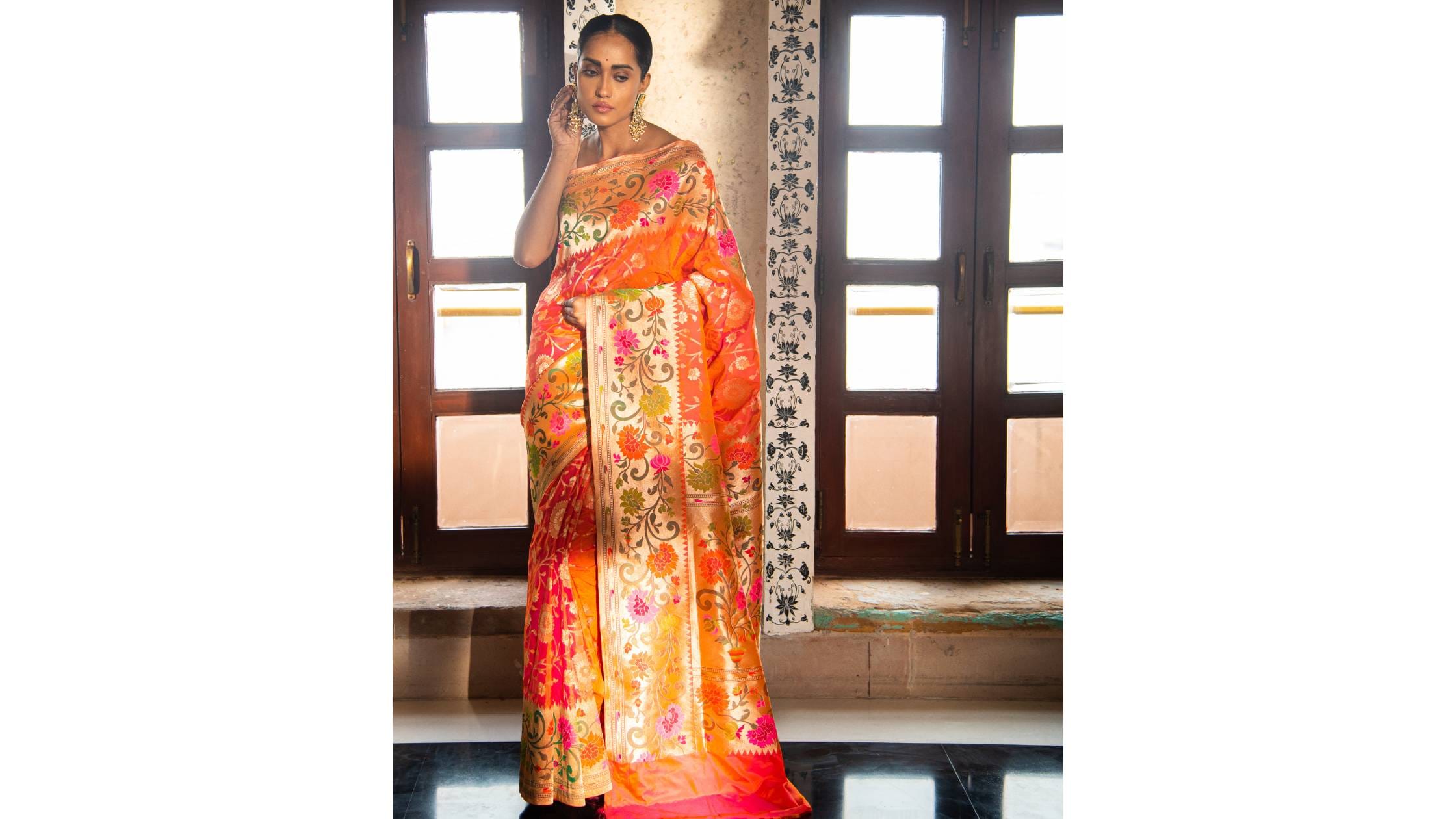 Orange Pink Paithani Katan Silk Handloom Banarasi Saree 
