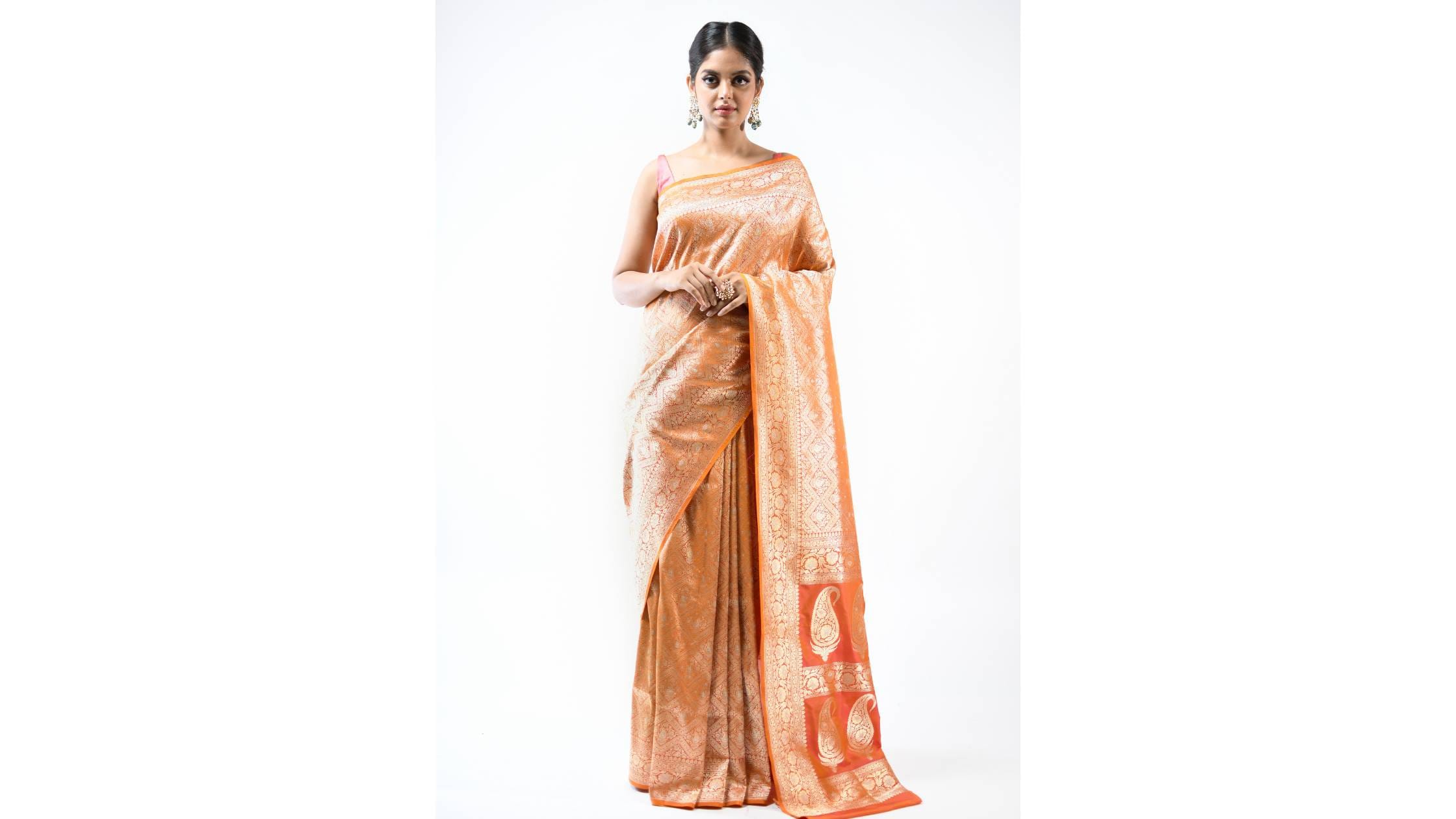 Orange Pink Brocade Katan Silk Handloom Banarasi Saree 