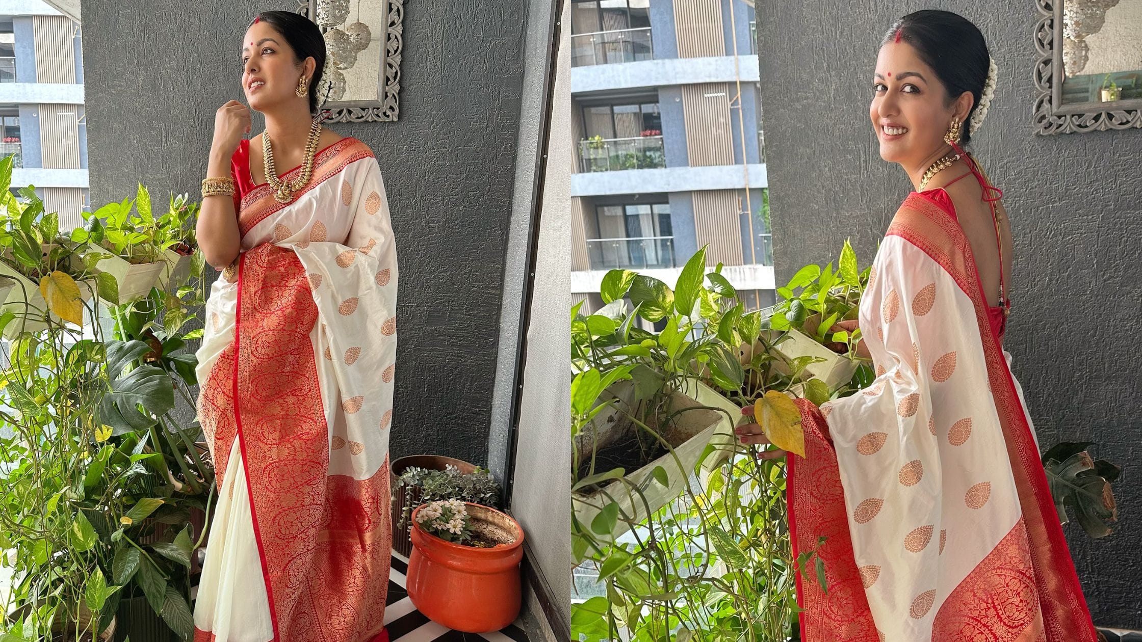 Ishita dutta in Red and White Banarasi Saree